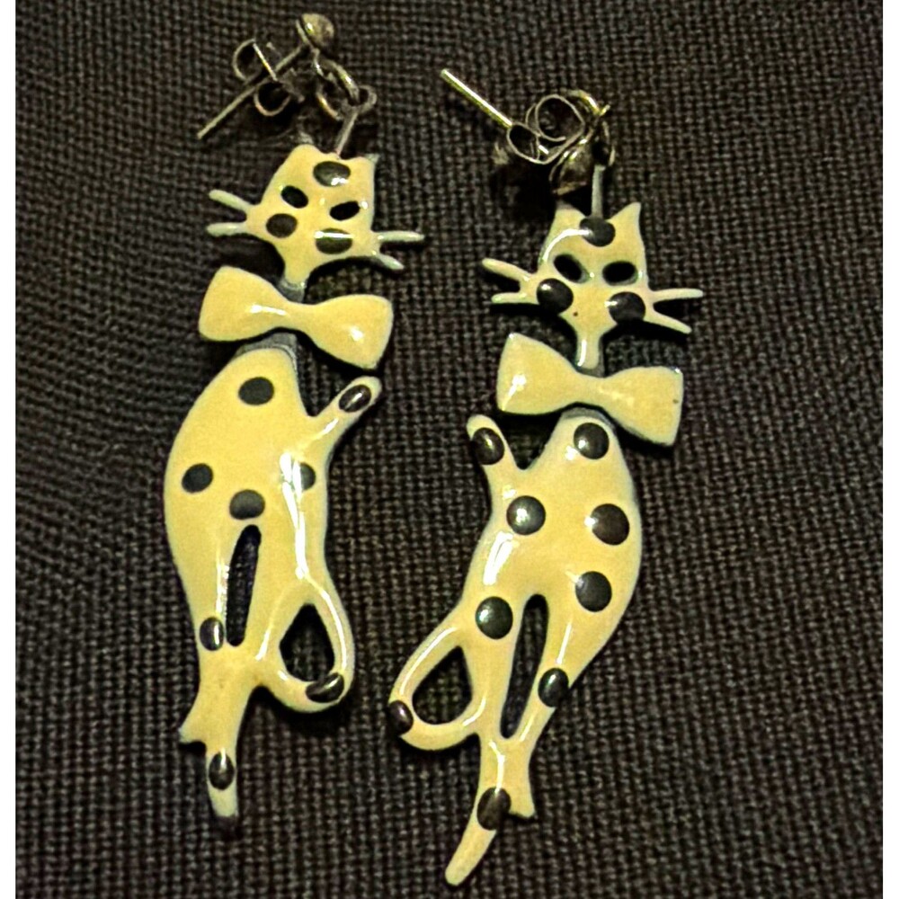 Vintage Enamel Polka Dot Cat Dangle Earrings, Cream black Whimsical Kitten
